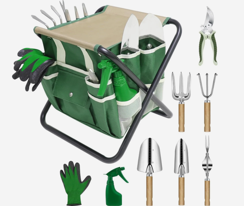 Garden Tool Set 10 Piece Gardening Kit With Heavy Duty Folding Stool Gardening