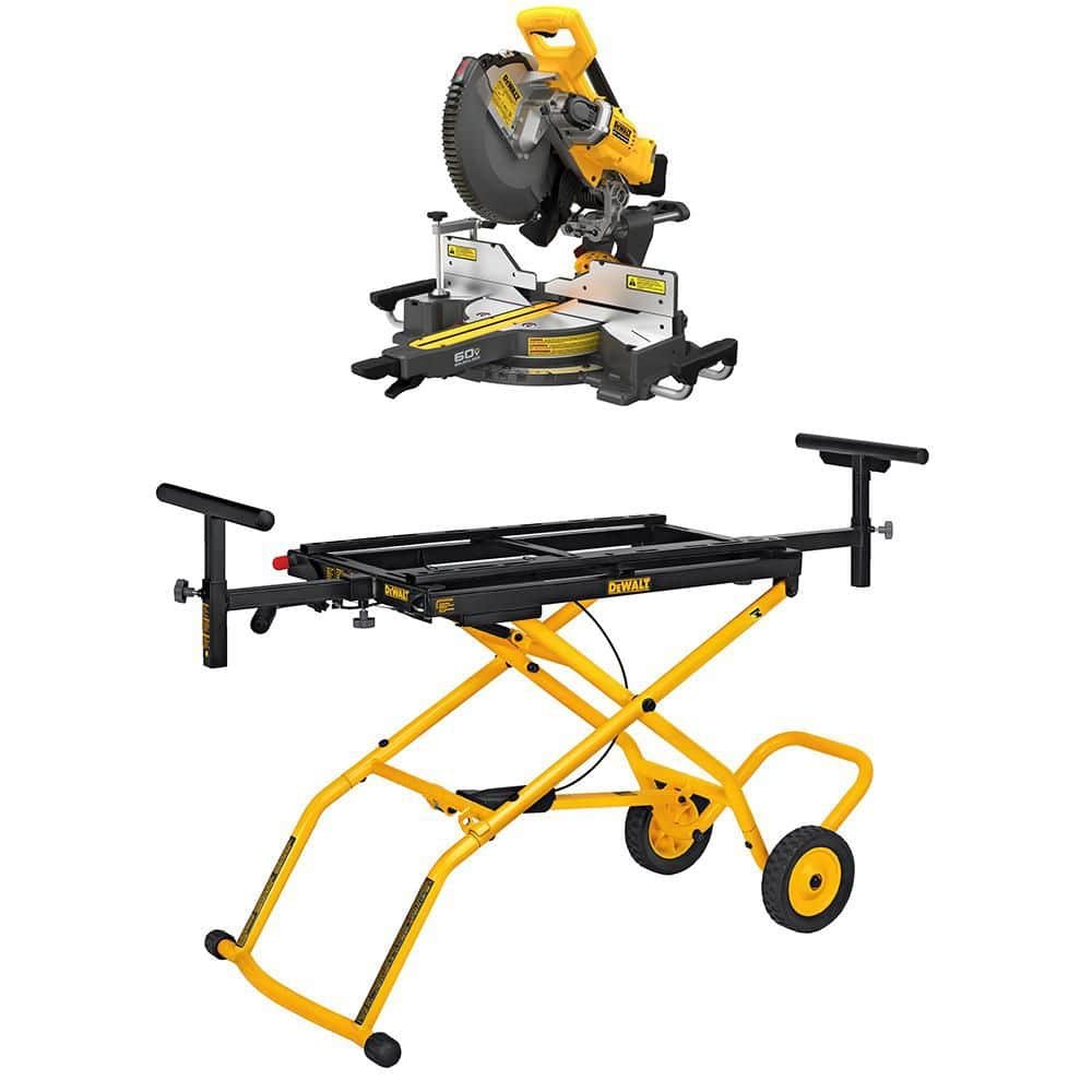 DEWALT 60V Lithium-Ion 12 in. Cordless Sliding Miter Saw (Tool Only) and 32-1/2 in. x 60 in. Rolling Miter Saw Stand.