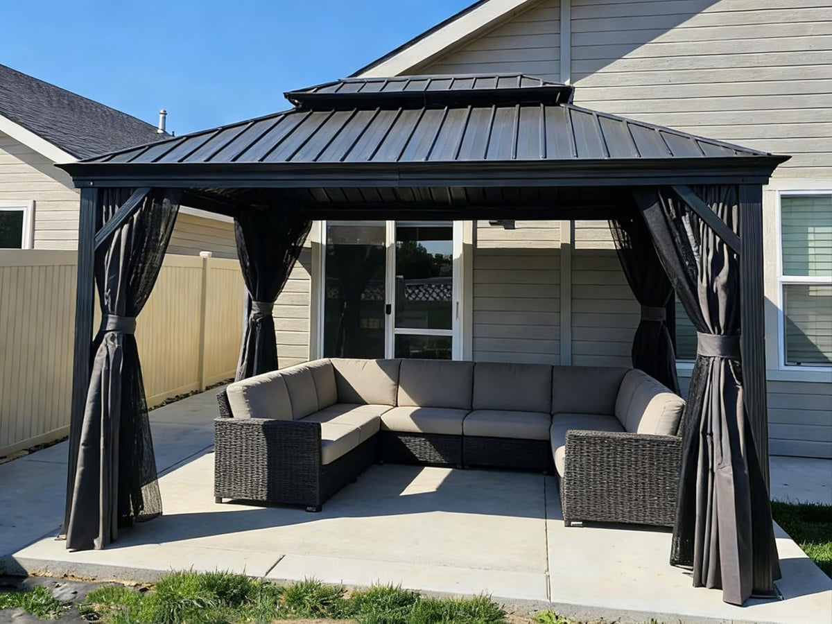 Gazebo 10' X 14' Built-in Drainage System, Gray | 4.7" Thick Post, Built in Drainage, Windproof Cool Breeze, Snowproof.